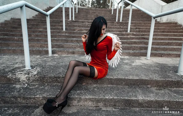 Девушка, крылья, чулки, платье, лестница, туфли, каблуки, ступеньки