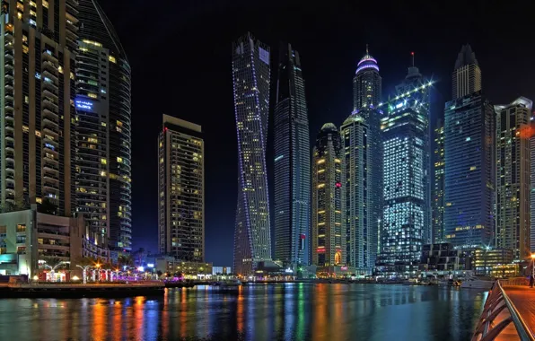 Бухта, Дубай, ночной город, Dubai, небоскрёбы, ОАЭ, UAE, Дубай Марина