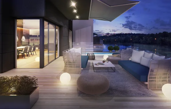 Картинка город, огни, вилла, вечер, бассейн, освещение, терраса, люкс