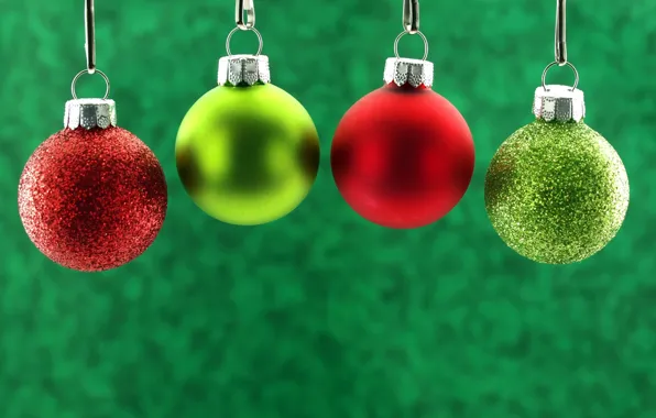 Картинка зима, шарики, фон, игрушки, Новый Год, зеленые, Рождество, красные