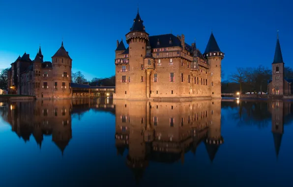 Вода, ночь, отражение, замок, освещение, Нидерланды, De Haar