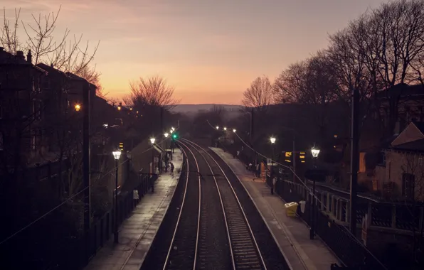 City, trees, station, people, hill, houses, dusk, railway