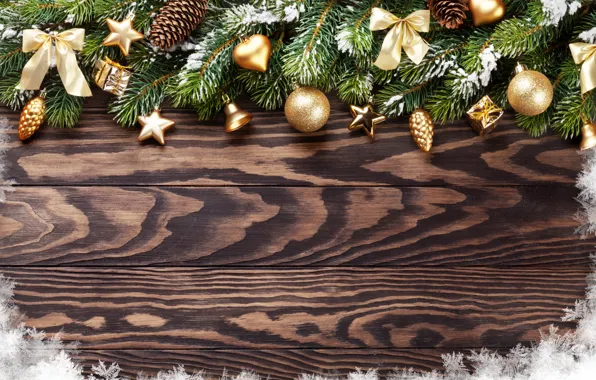Картинка снег, украшения, Новый Год, Рождество, golden, new year, Christmas, wood