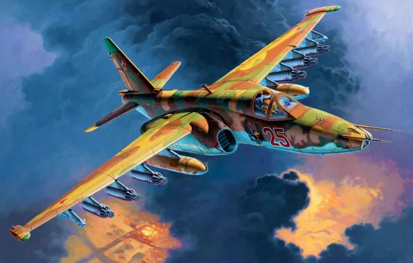 Art, airplane, painting, aviation, jet, Sukhoi Su-25