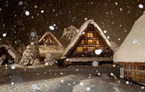 Деревня, Зимний вечер, Village, Снегопад, Snowfall, Winter evening