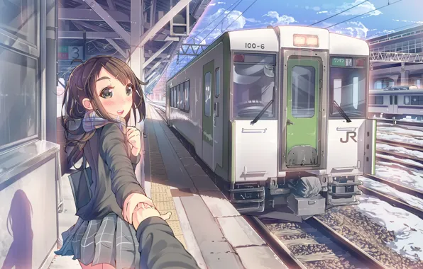 Картинка небо, девушка, облака, улыбка, поезд, рука, аниме, шарф