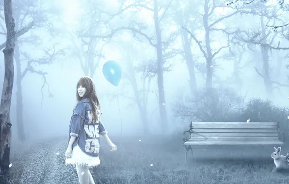 Картинка девушка, скамейка, туман, улыбка, воздушный шар, лепестки, кролики, шатенка