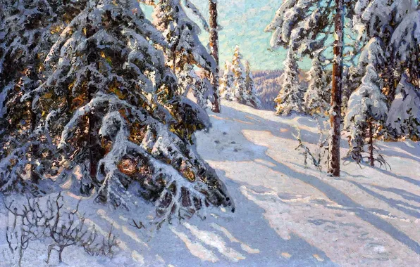 Зима, снег, деревья, пейзаж, елки, картина, тени, Anshelm Schultzberg