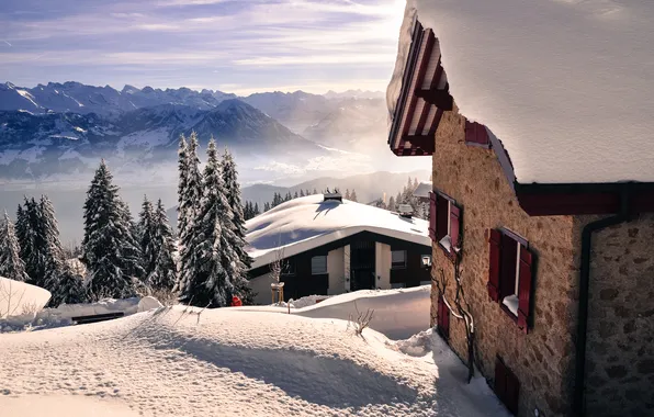 Картинка зима, горы, дома