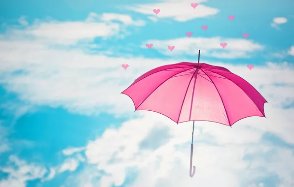 Картинка небо, облака, зонтик, розовый, голубое, зонт, сердечки