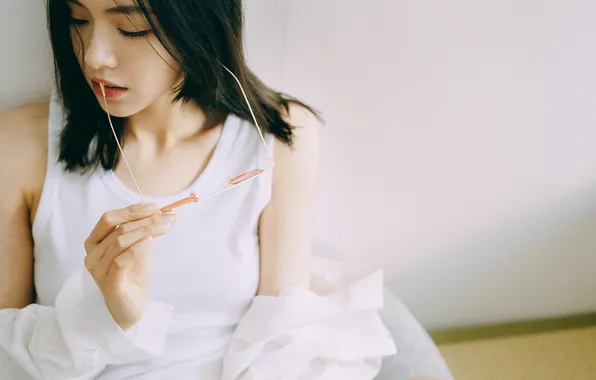 Beautiful, Asian, Model, Woman, Cute, Glasses, Pretty, Sitting