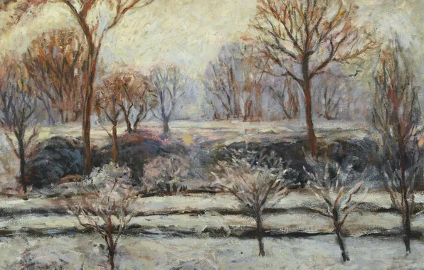 Картинка снег, деревья, картина, импрессионизм, Зимний Пейзаж, Бланш Моне, Blanche Hoschede-Monet