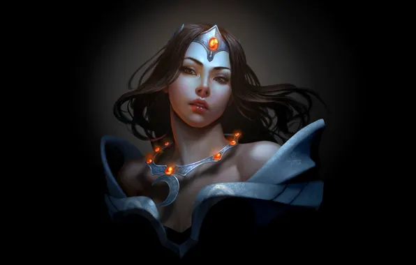 Девушка, ожерелье, арт, чёрный фон, Dota 2, Mirana, Princess of the Moon