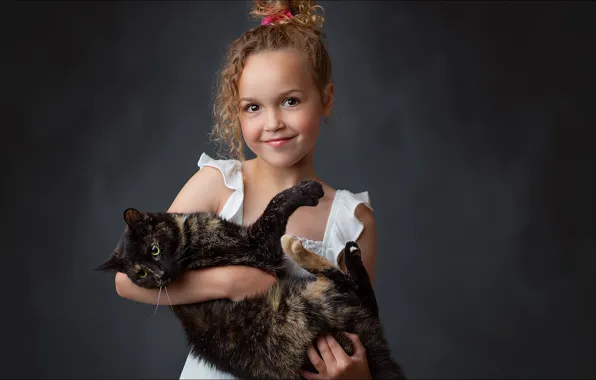 Кот, улыбка, девочка, girl, smile, cat, two