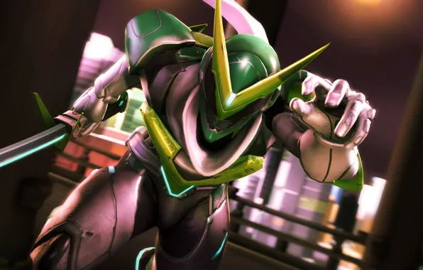 Рендеринг, меч, аниме, шлем, ниндзя, убийца, overwatch, Genji Shimada