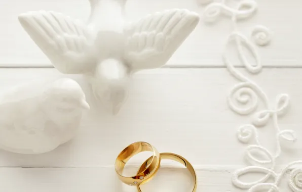 Праздник, голуби, кружево, свадьба, свадебные кольца