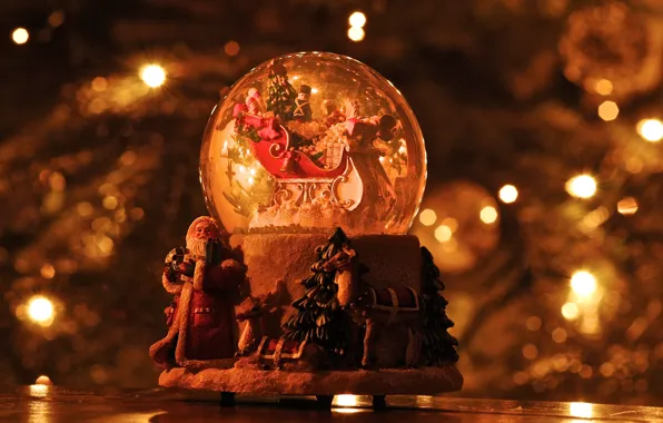 Christmas, reindeer, santa claus, snow globe, sleigh