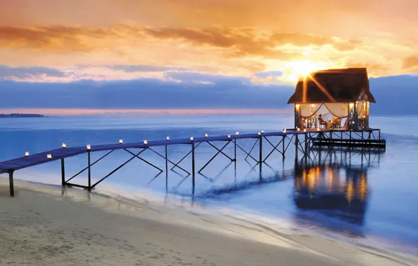 Картинка beach, sky, sea, sunset, clouds, sun, romantic, pier