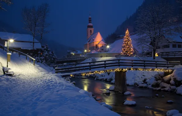 Картинка зима, снег, пейзаж, ночь, мост, природа, река, рождество