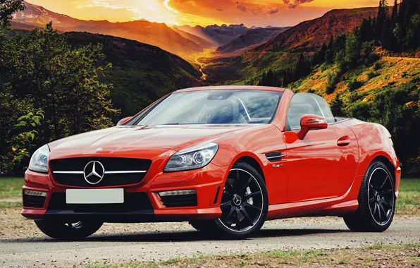 Картинка машина, пейзаж, горы, природа, автомобиль, AMG, SLK 55 AMG, Mersedes Benz