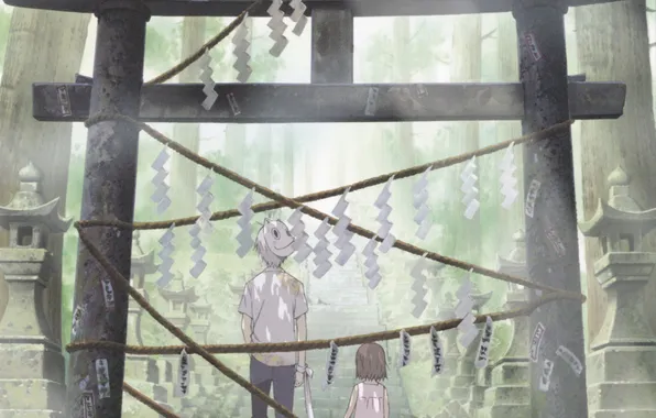 Картинка лес, аниме, мальчик, маска, лестница, девочка, Hotarubi no Mori e, где мерцают светлячки