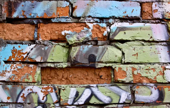 Картинка green, Orange, black, blue, letters, broken bricks, painted wall, painting in aerosil