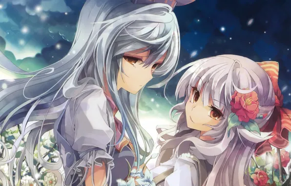 Звездное небо, цветок в волосах, Touhou Project, Fujiwara no Mokou, Проект Восток, две девочки, длинные …