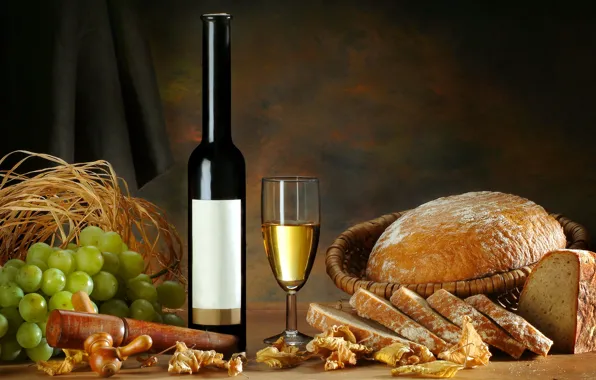 Листья, вино, бокал, бутылка, хлеб, виноград, солома