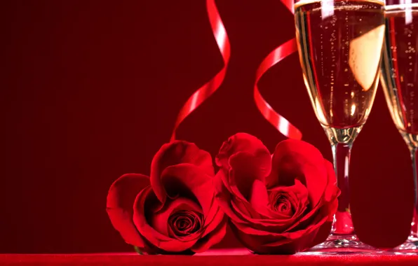 Цветок, роза, бокалы, love, шампанское, День Святого Валентина