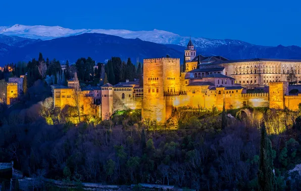 Картинка деревья, горы, ночь, огни, башня, крепость, Испания, дворец