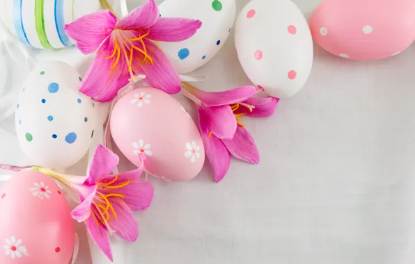 Картинка цветы, Пасха, pink, flowers, spring, Easter, eggs, decoration