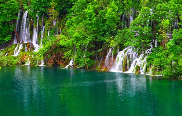 Зелень, деревья, озеро, скалы, водопады, Хорватия, Plitvice Lakes