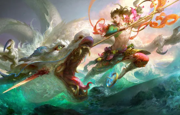 Fantasy, sea, ocean, man, tattoo, dragon, battle, artwork