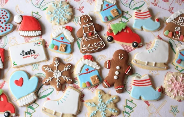Картинка праздник, Новый Год, печенье, сладости, фигурки, выпечка, угощение, имбирные пряники
