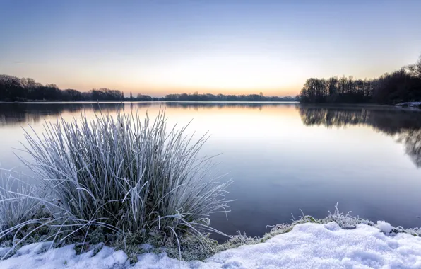 Картинка зима, снег, озеро