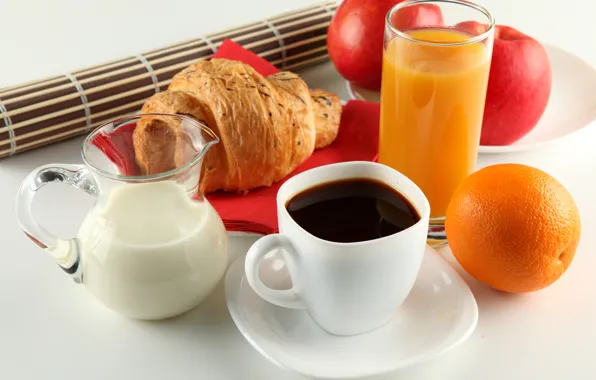 Яблоки, кофе, апельсин, завтрак, молоко, сок, чашка, белая