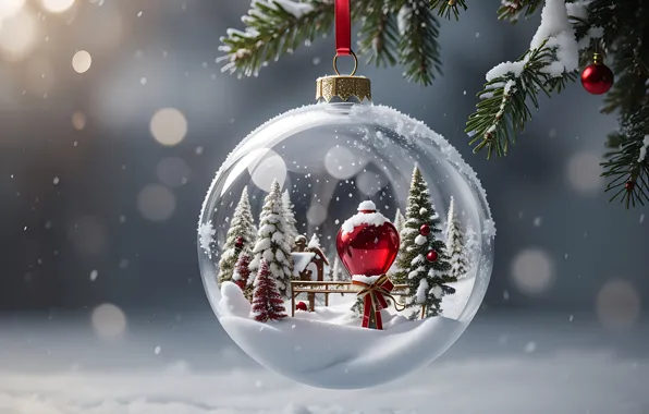 Картинка зима, снег, украшения, шары, Новый Год, Рождество, glass, new year