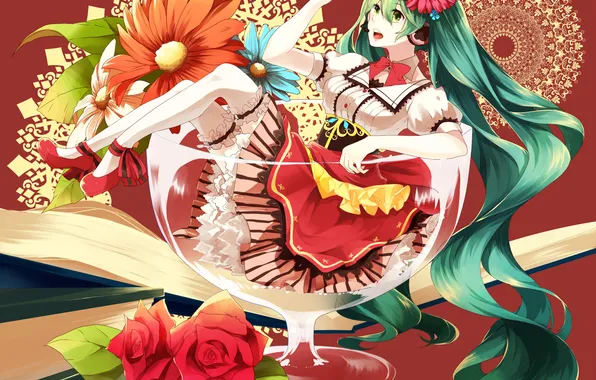 Картинка девушка, цветы, бокал, платье, книга, кружева, vocaloid, hatsune miku