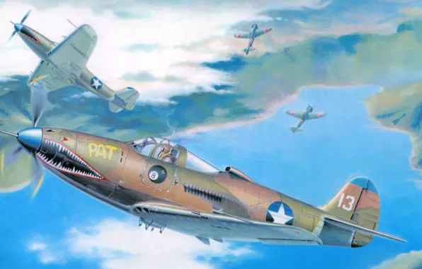 Картинка рисунок, истребитель, Bell, Airacobra, P-39, Аэрокобра
