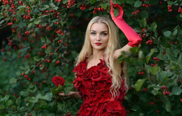Картинка цветок, листья, девушка, природа, ягоды, роза, куст, макияж