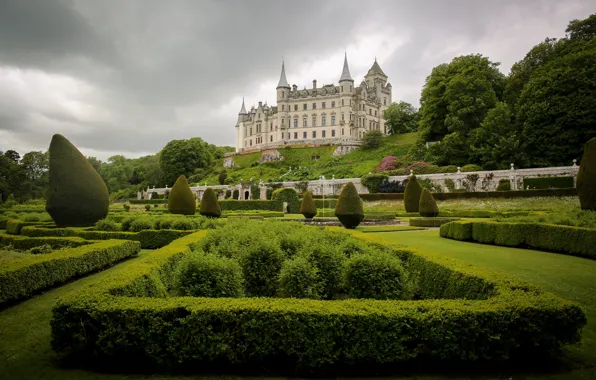 Картинка деревья, парк, замок, Шотландия, кусты, Scotland, Sutherland, Dunrobin Castle
