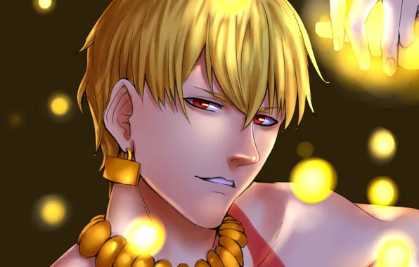 Ночь, огни, аниме, арт, парень, блондин, Гильгамеш, Fate Grand Order