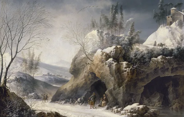 Картинка дорога, скалы, картина, Франческо Фоски, Зимний Пейзаж с Крестьянской Семьёй