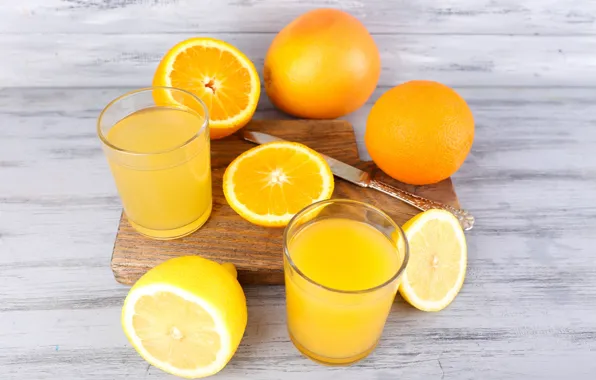 Картинка апельсин, сок, стаканы, цитрус, напиток, фреш, разделочная доска