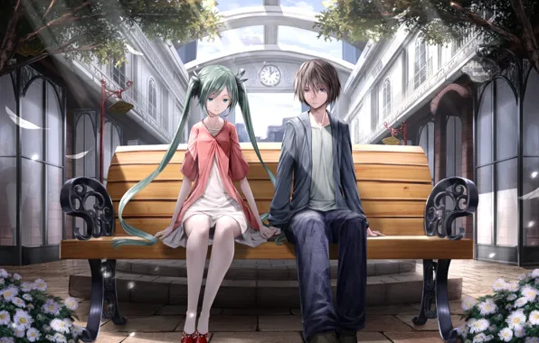 Картинка аниме, арт, пара, vocaloid, скамья
