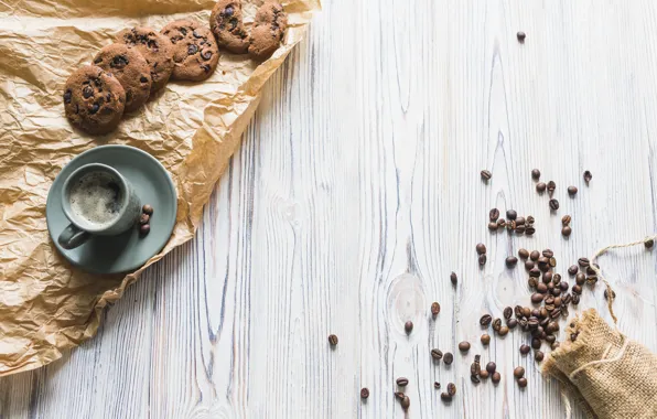 Кофе, печенье, wood, кофейные зёрна, cup, chocolate, coffee, breakfast