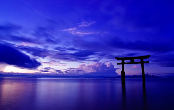 Картинка небо, облака, пейзаж, океан, ворота, Япония, Japan, тории