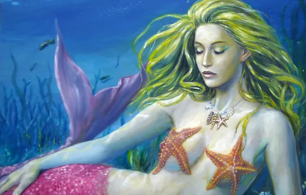 Картинка море, вода, девушка, рыбки, лицо, фантастика, волосы, русалка