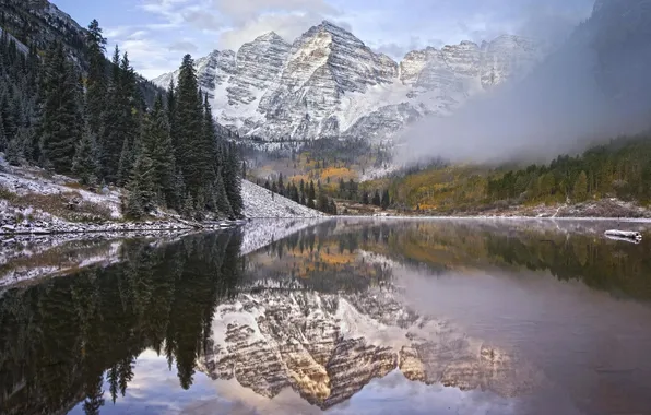 Картинка зима, лес, снег, пейзаж, горы, озеро, отражение, Природа