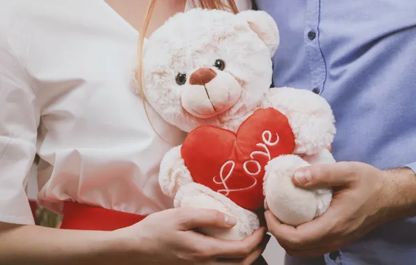 Девушка, игрушка, мишка, love, парень, сердечко